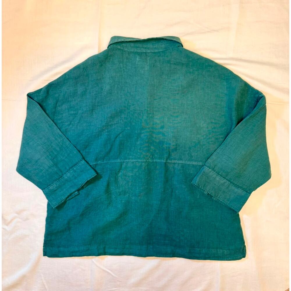 Sigrid Olsen 100% Linen Boxy Crop Shirt Green 3/4 Sleeve Large Coastal - Picture 2 of 6